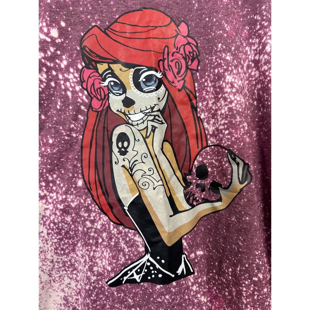 Gildan XL Spooky Ariel Little Mermaid Sugar Skull Purple Bleach Splatter T-Shirt - Picture 3 of 4